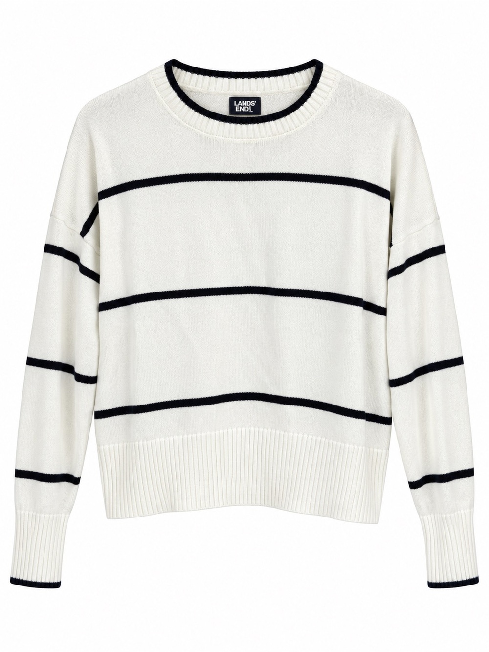 Lands’ End Drifter Sweater Women M 10-12 Ivory Navy Stripe 100% Cotton